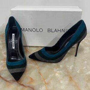 Manolo Blahnik Teal & Black Striped Suede Pointed-Toe Pumps